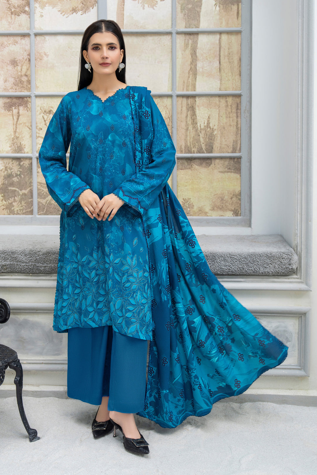 3 Piece Unstitched Persian Blue Premium Linen