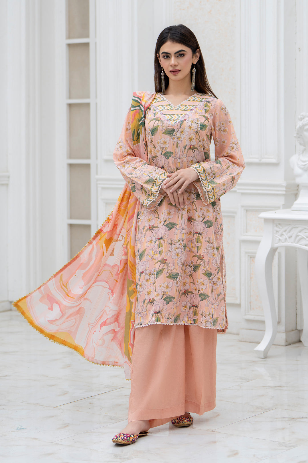 3 Pcs Unstitched Peach Lawn - SU25V28-S1 - JACQUARD CLOTHING