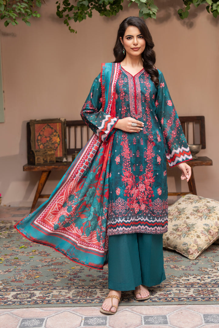 3 Pcs Unstitched Sea Green Lawn - SU25V25-S5 - JACQUARD CLOTHING
