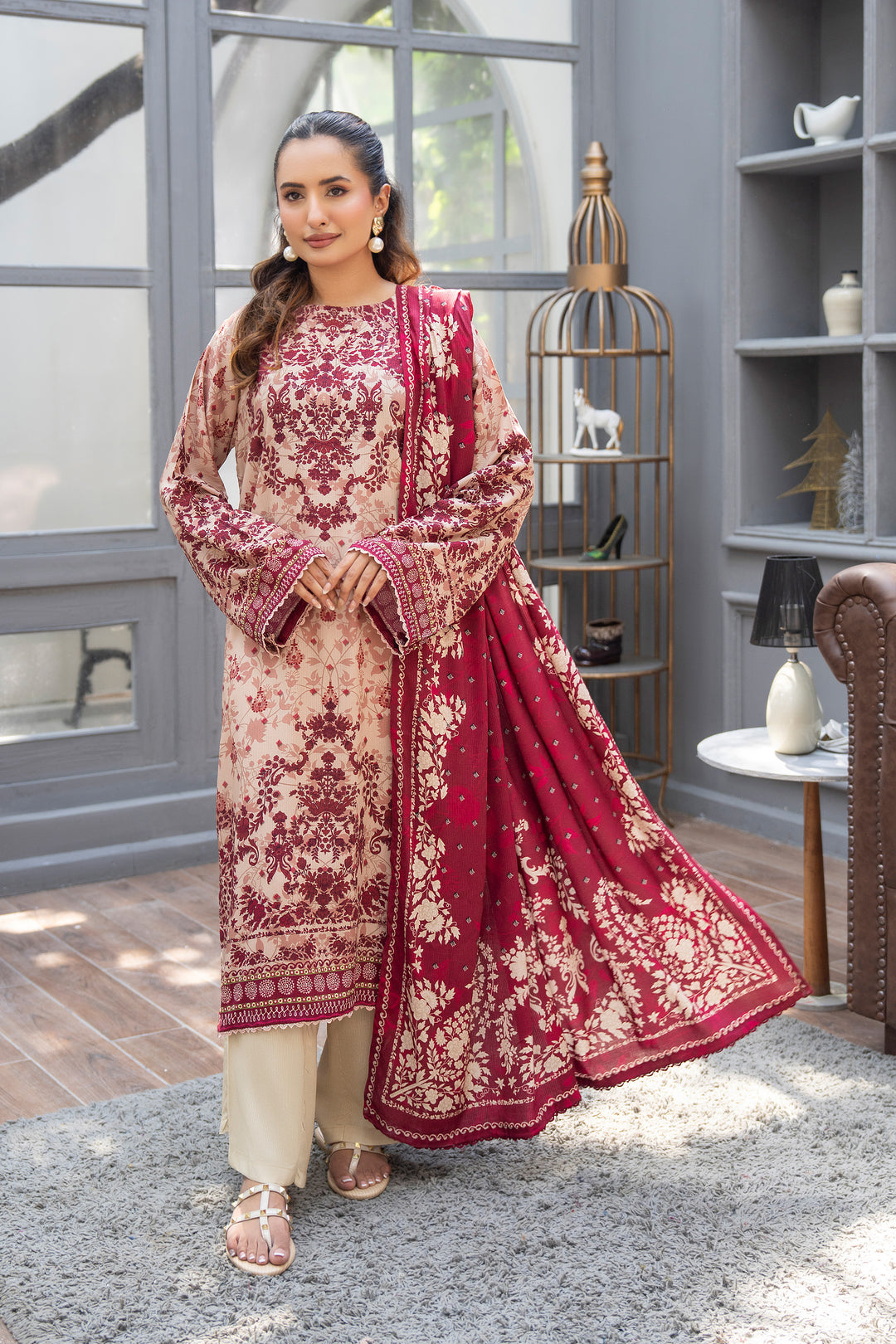 3 Piece Unstitched Beige Premium Linen