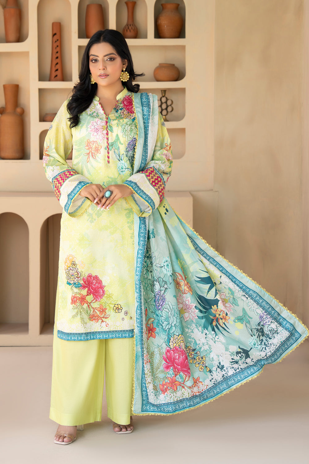 3 Piece Unstitched Lime Green Premium Lawn - SU25V15-S3 - JACQUARD CLOTHING