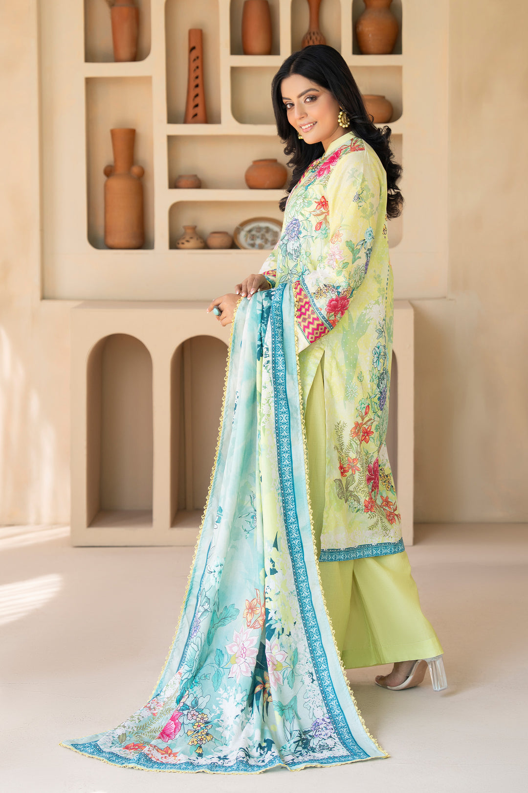 3 Piece Unstitched Lime Green Premium Lawn - SU25V15-S3 - JACQUARD CLOTHING