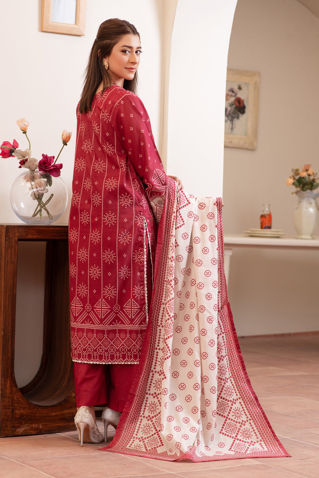 3 Piece Unstitched Maroon Premium Lawn - SU25V11-S2 - JACQUARD CLOTHING
