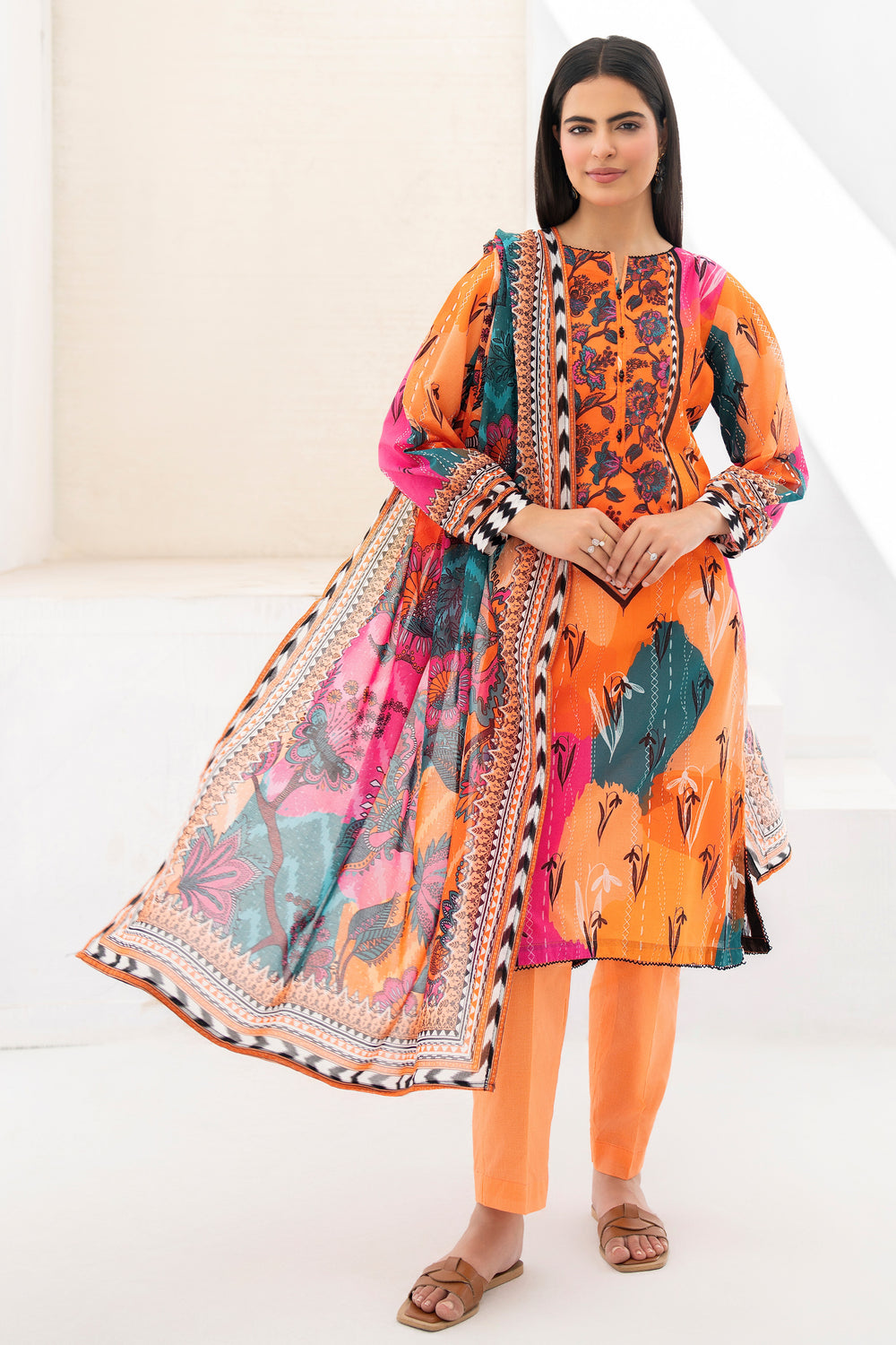 3 Piece Unstitched Orange Premium Lawn - SU25V10-S9 - JACQUARD CLOTHING