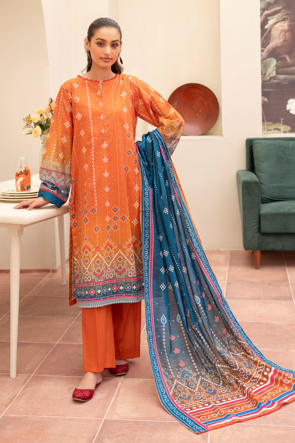 3 Piece Unstitched Orange Premium Lawn - SU25V11-S4 - JACQUARD CLOTHING