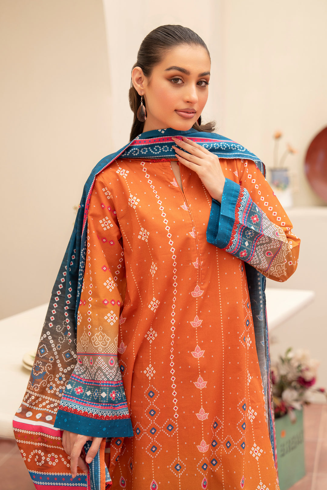 3 Piece Unstitched Orange Premium Lawn - SU25V11-S4 - JACQUARD CLOTHING
