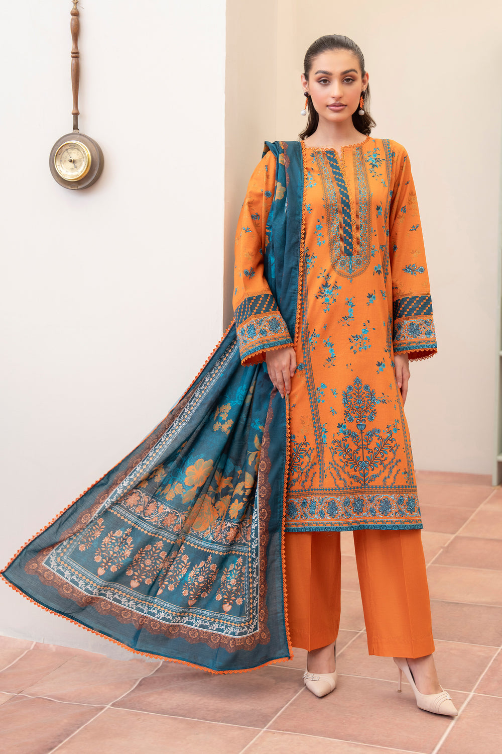 3 Piece Unstitched Orange Premium Lawn - SU25V14-S5 - JACQUARD CLOTHING