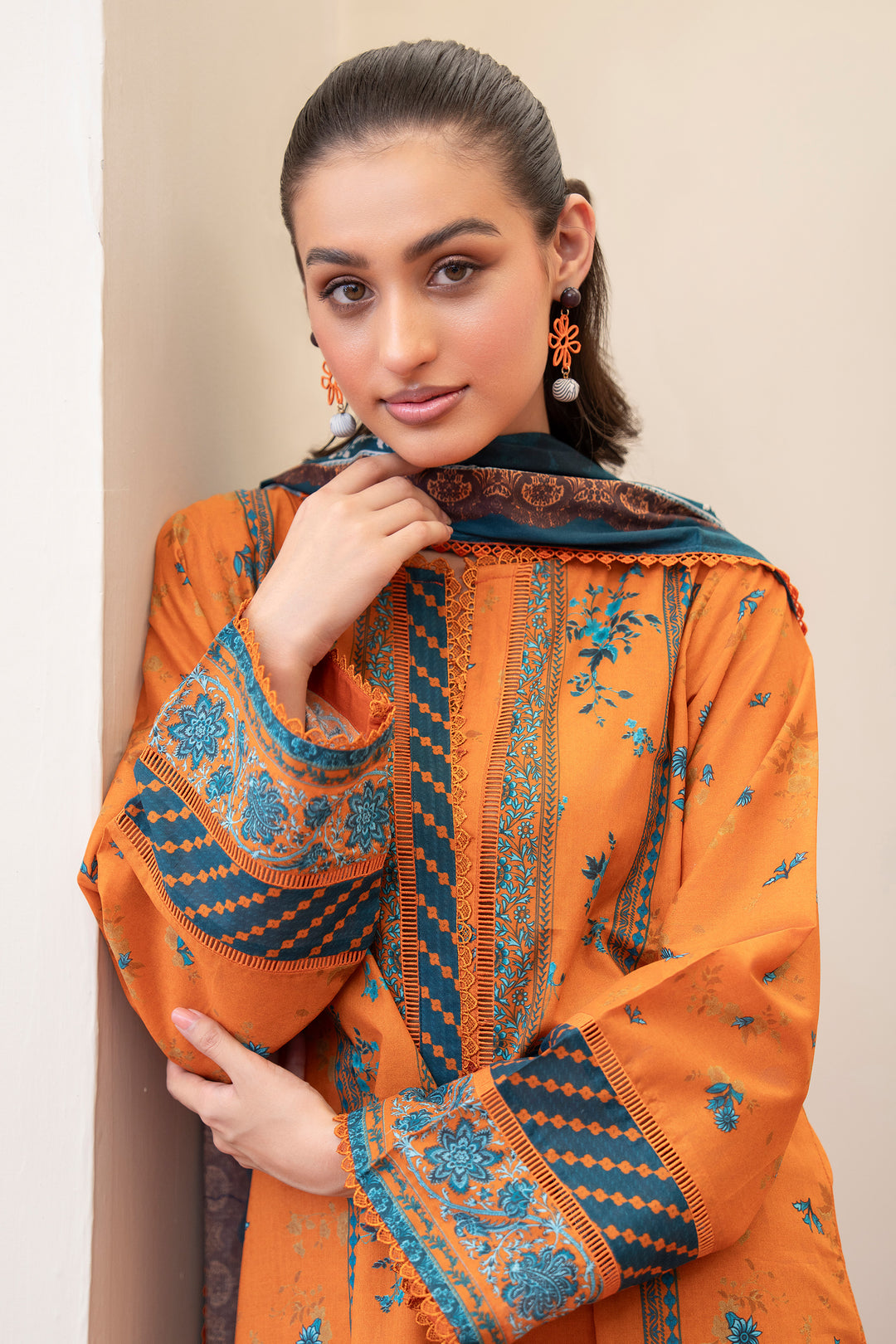 3 Piece Unstitched Orange Premium Lawn - SU25V14-S5 - JACQUARD CLOTHING