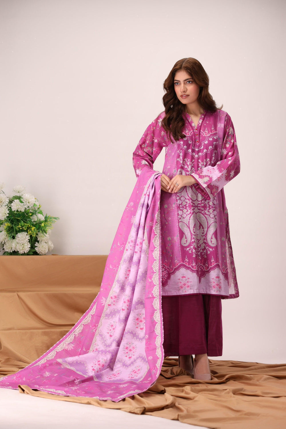 3 Piece Unstitched Shocking Pink Khaddar - Jacquard Clothing