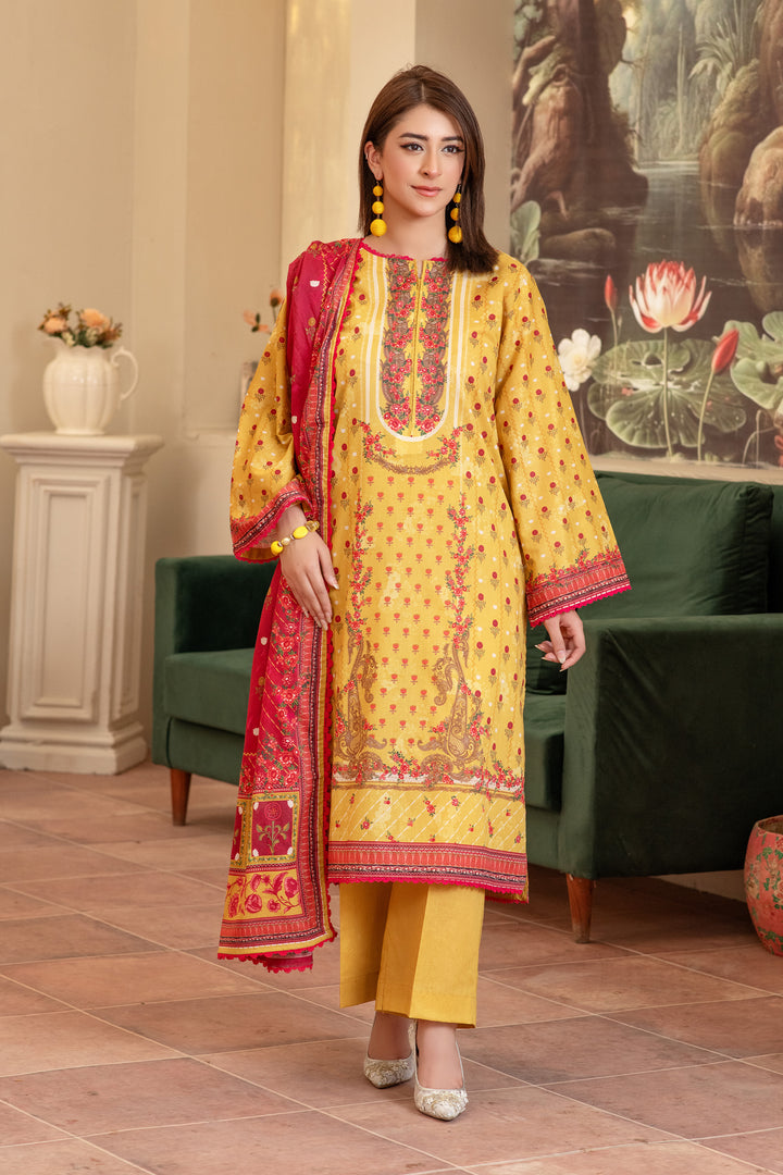 3 Piece Unstitched Yellow Premium Lawn - SU25V14-S7 - JACQUARD CLOTHING