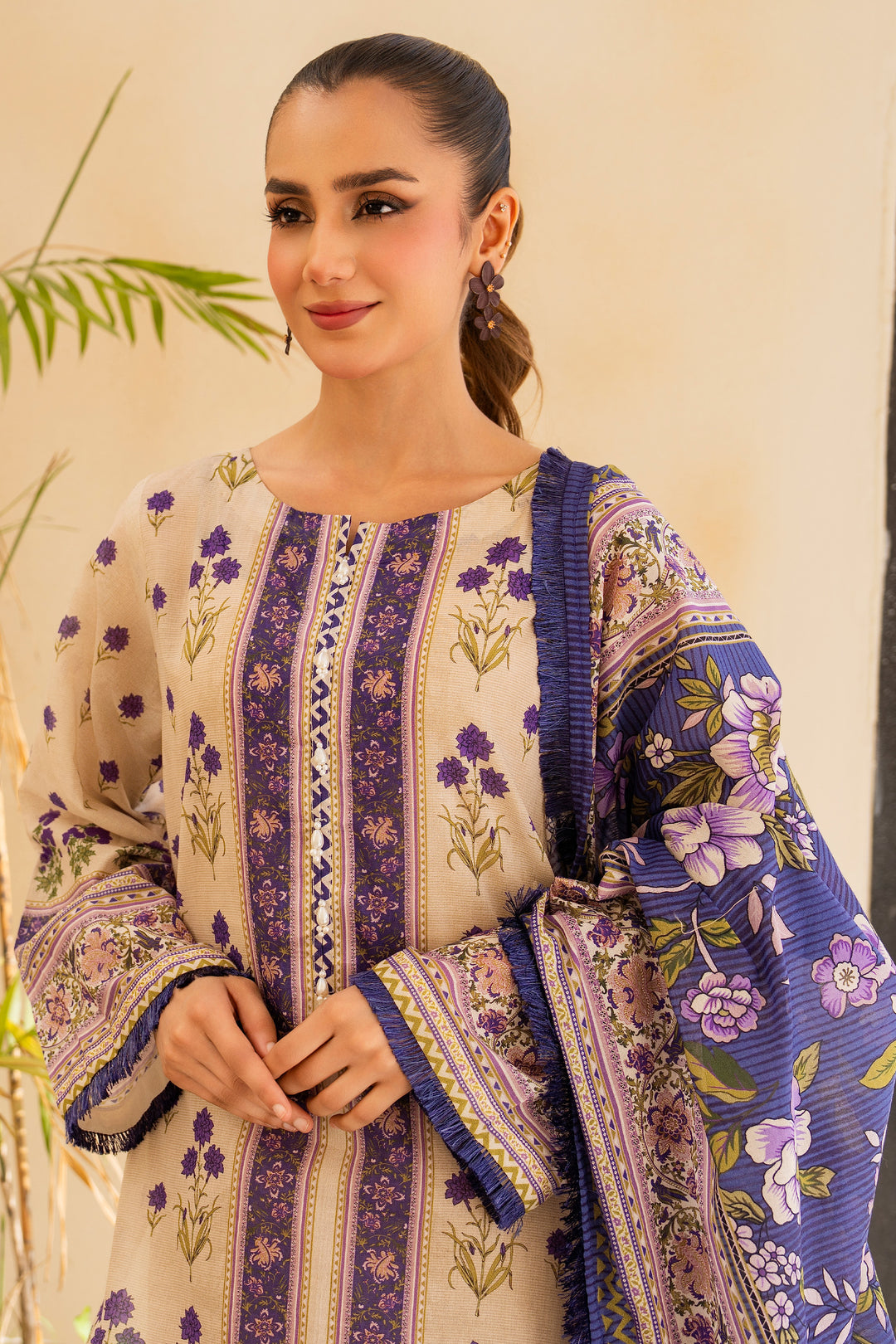 Beige 3 Piece Unstitched Premium Lawn - SU25V4-S5 - JACQUARD CLOTHING