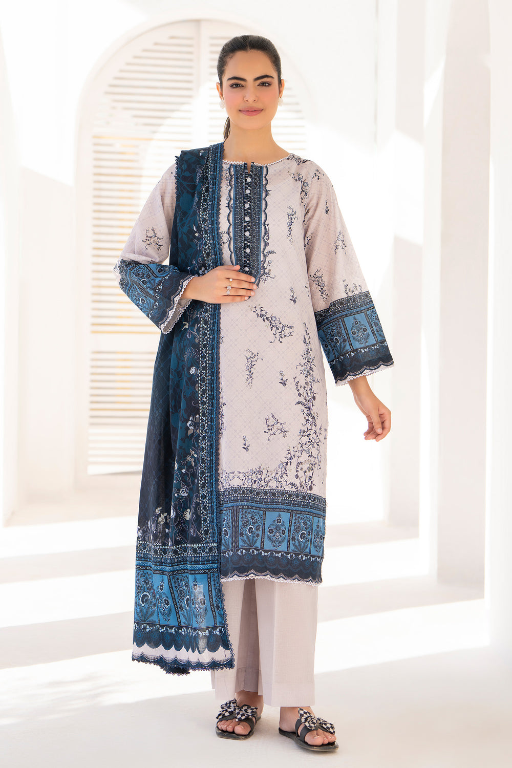 Beige 3 Piece Unstitched Premium Lawn - SU25V6-S8 - JACQUARD CLOTHING