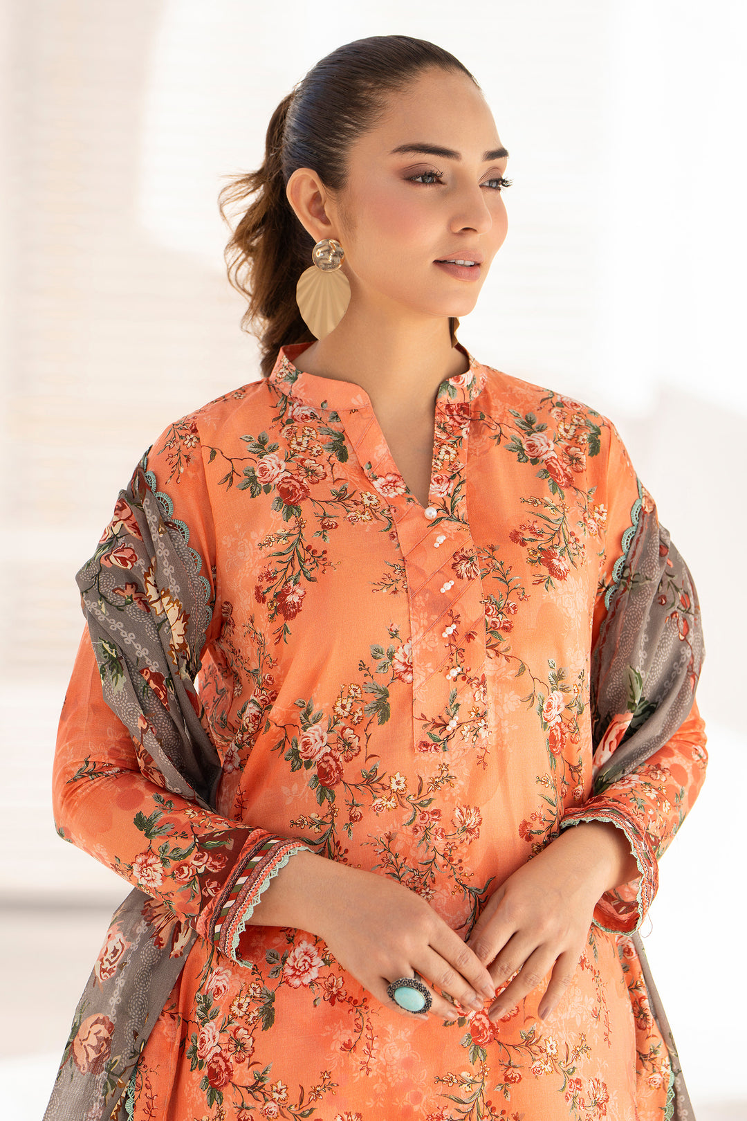 Orange 3 Piece Unstitched Premium Lawn - SU25V7-S9 - JACQUARD CLOTHING