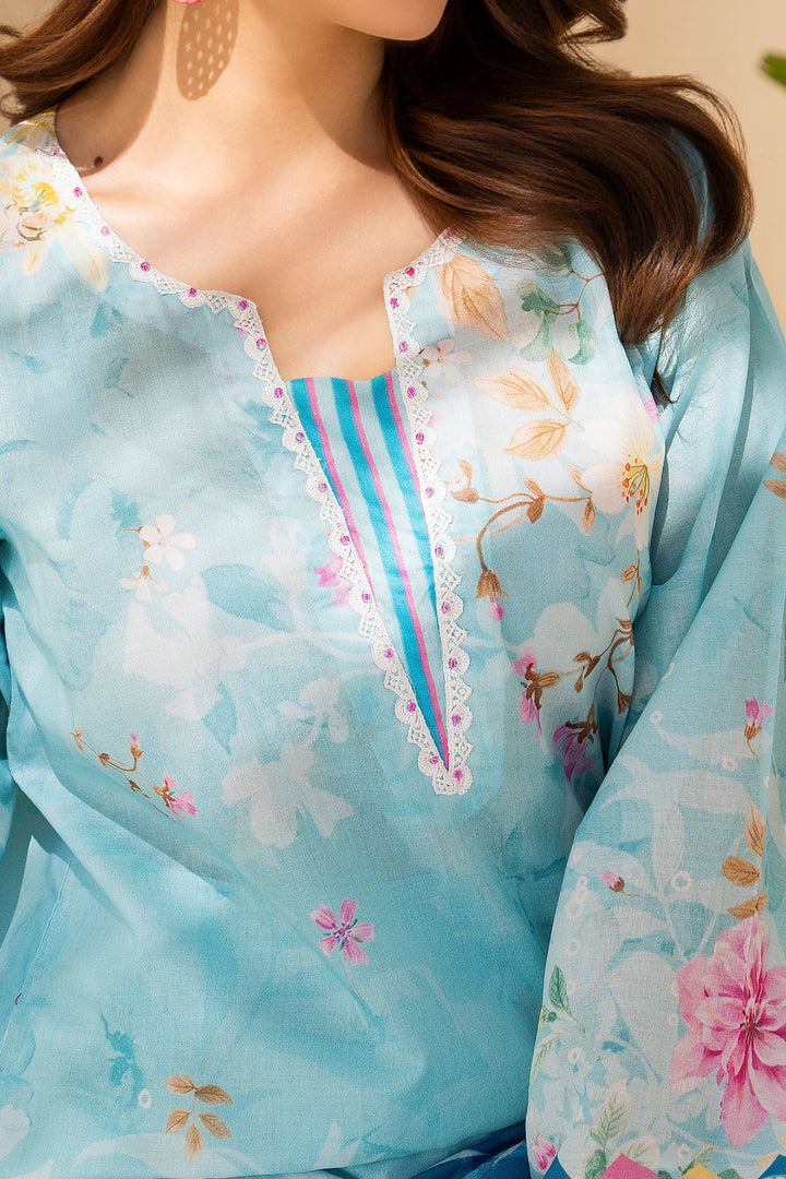 Soft Cyan 3 Piece Unstitched Premium Lawn - SU25V3-S8 - JACQUARD CLOTHING