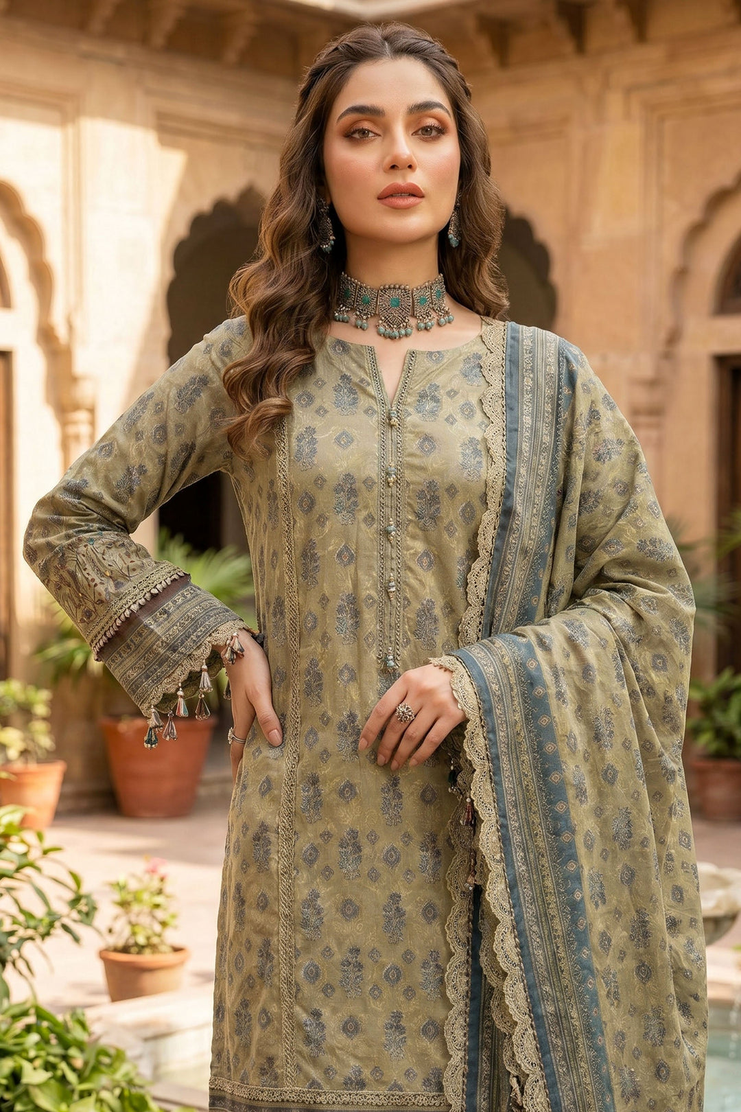 Khaki 3 Piece Unstitched Premium Printed Lawn Suit By Jacquard Clothing Safa Iman Summer Collection