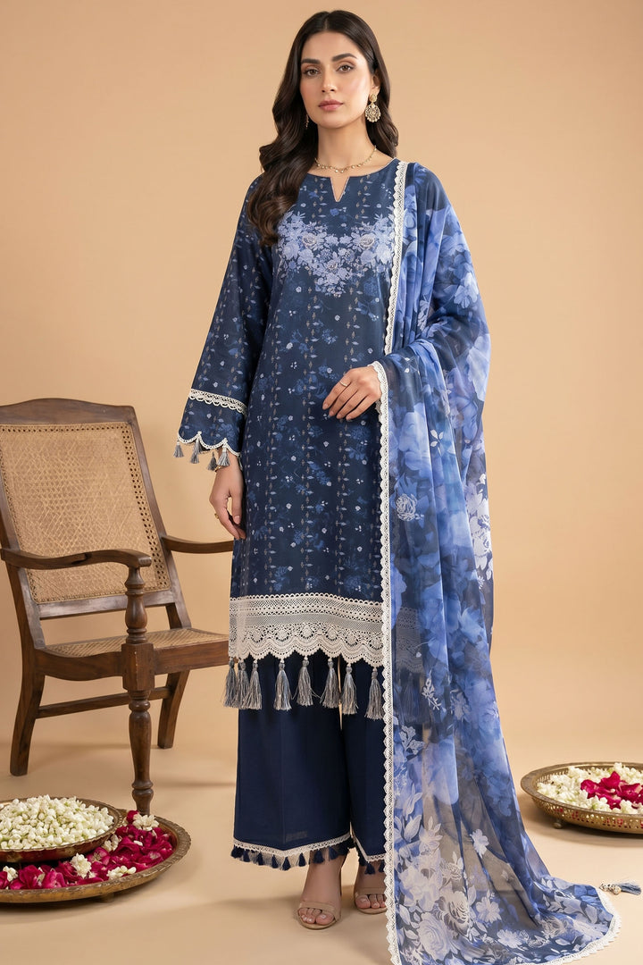 Blue 3 Piece Unstitched Premium Printed Lawn