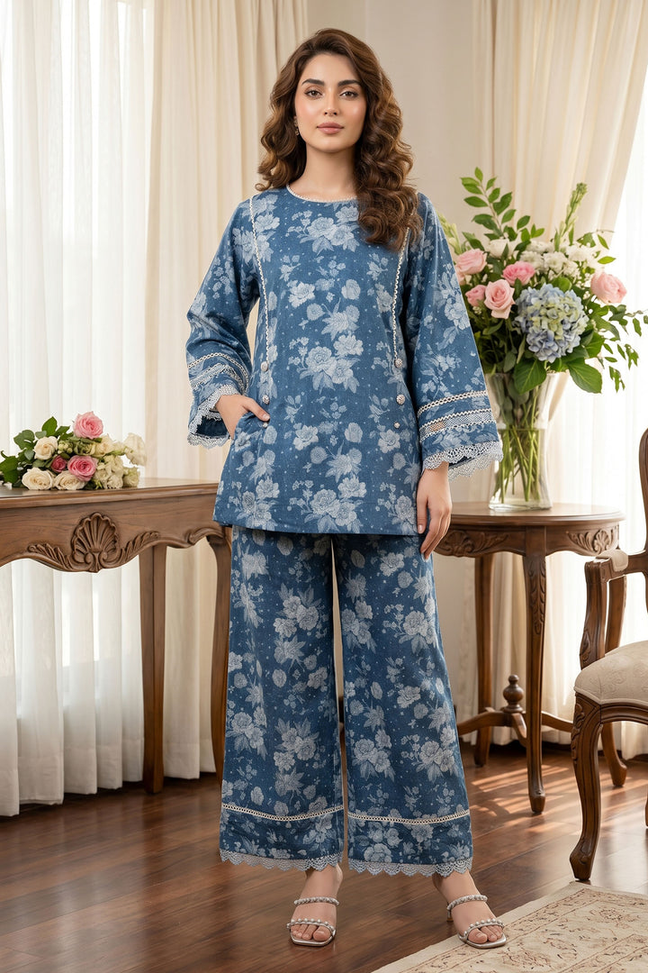 2 Piece Classic Blue Unstitched Printed Cambric Co-Ord Set