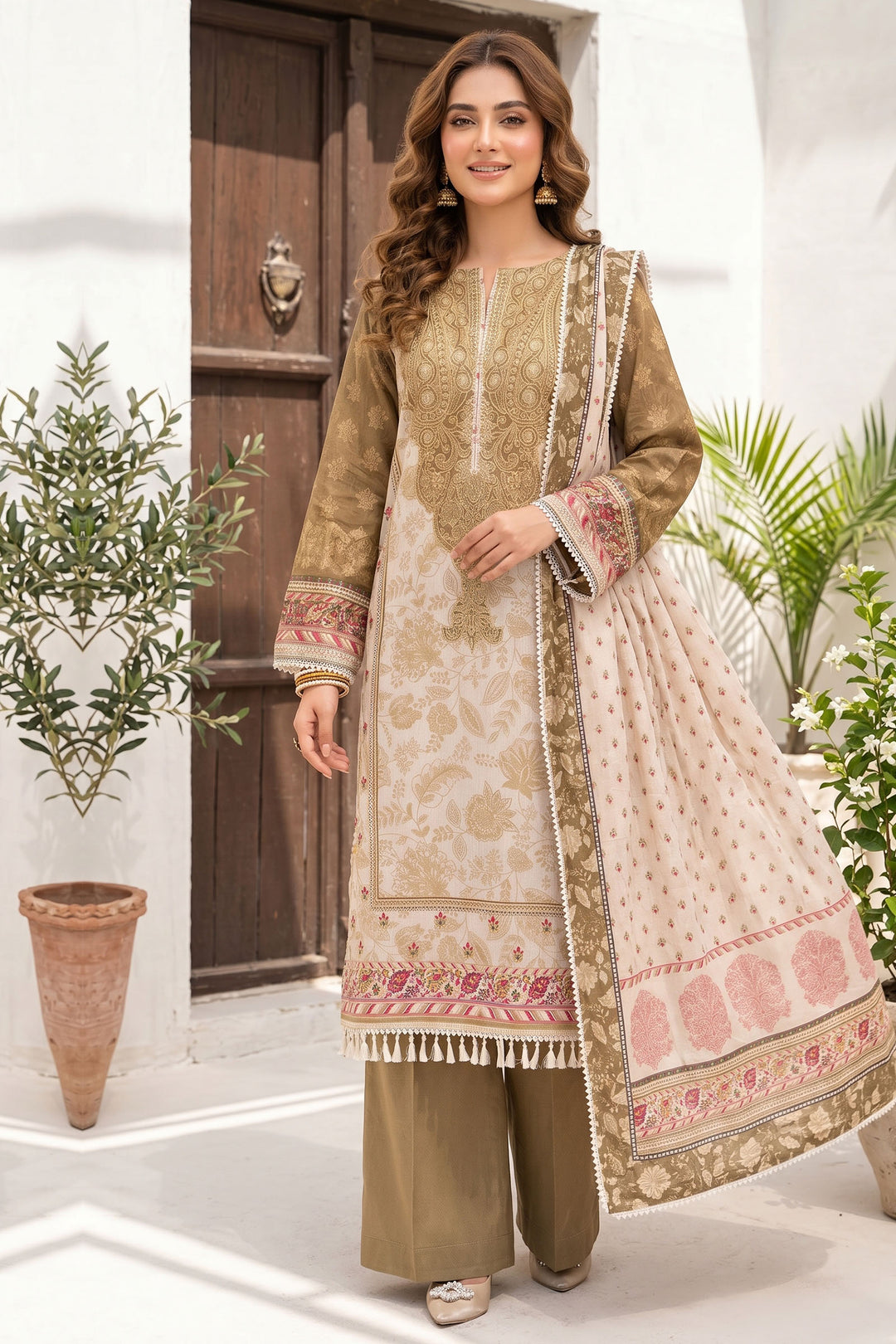 3 Piece Unstitched Olive Premium Lawn