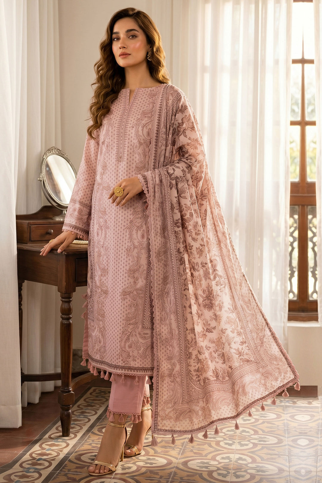 Pinkish Tan 3 Piece Unstitched Premium Printed Lawn