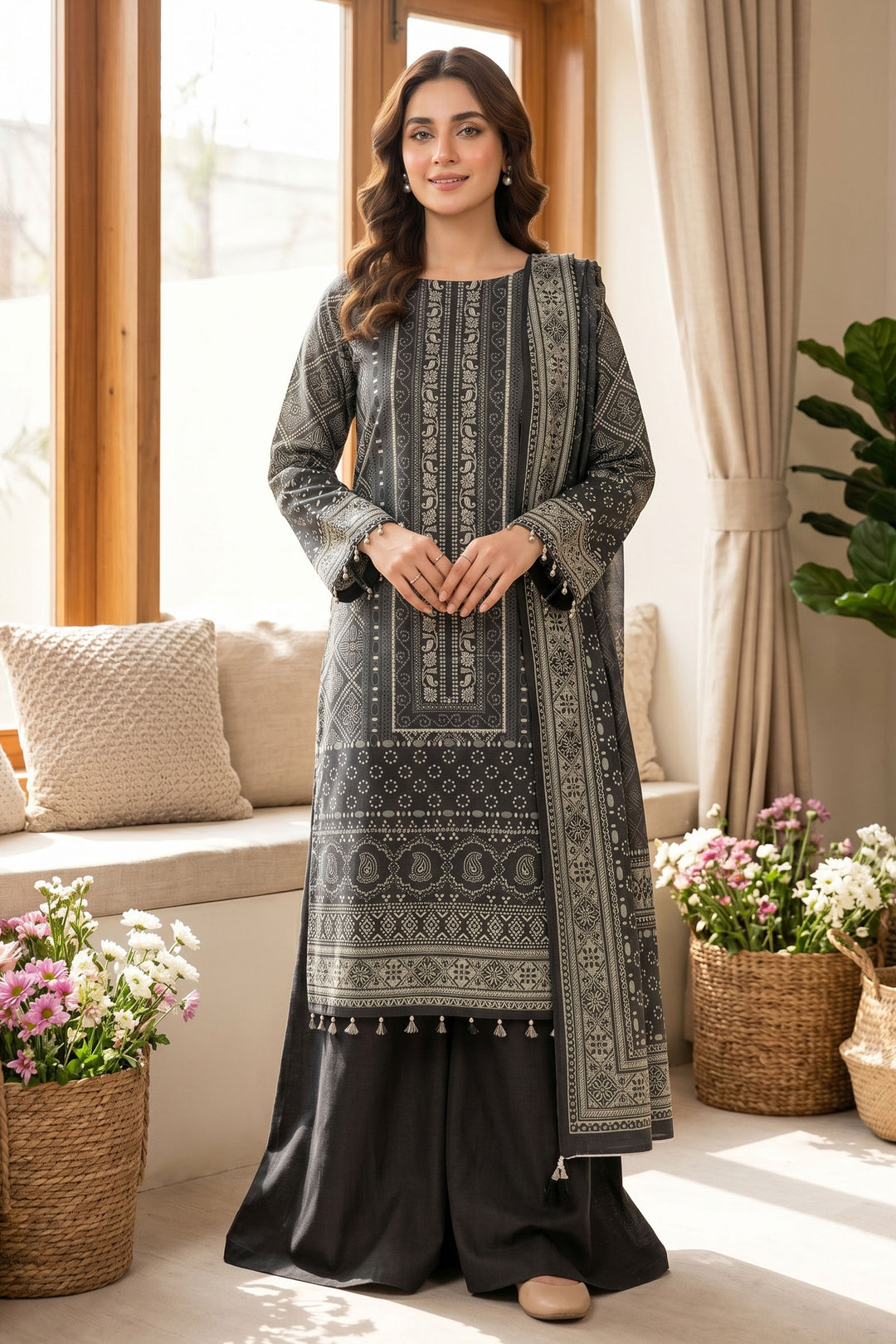 Black 3 Piece Unstitched Premium Printed Lawn