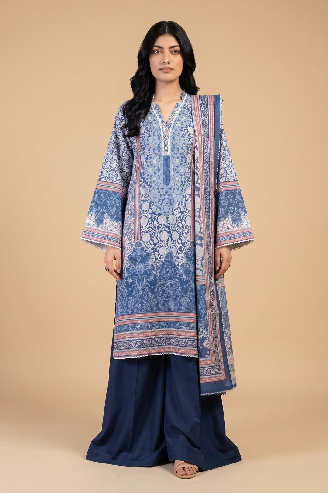 3 Piece Unstitched Denim Blue Khaddar