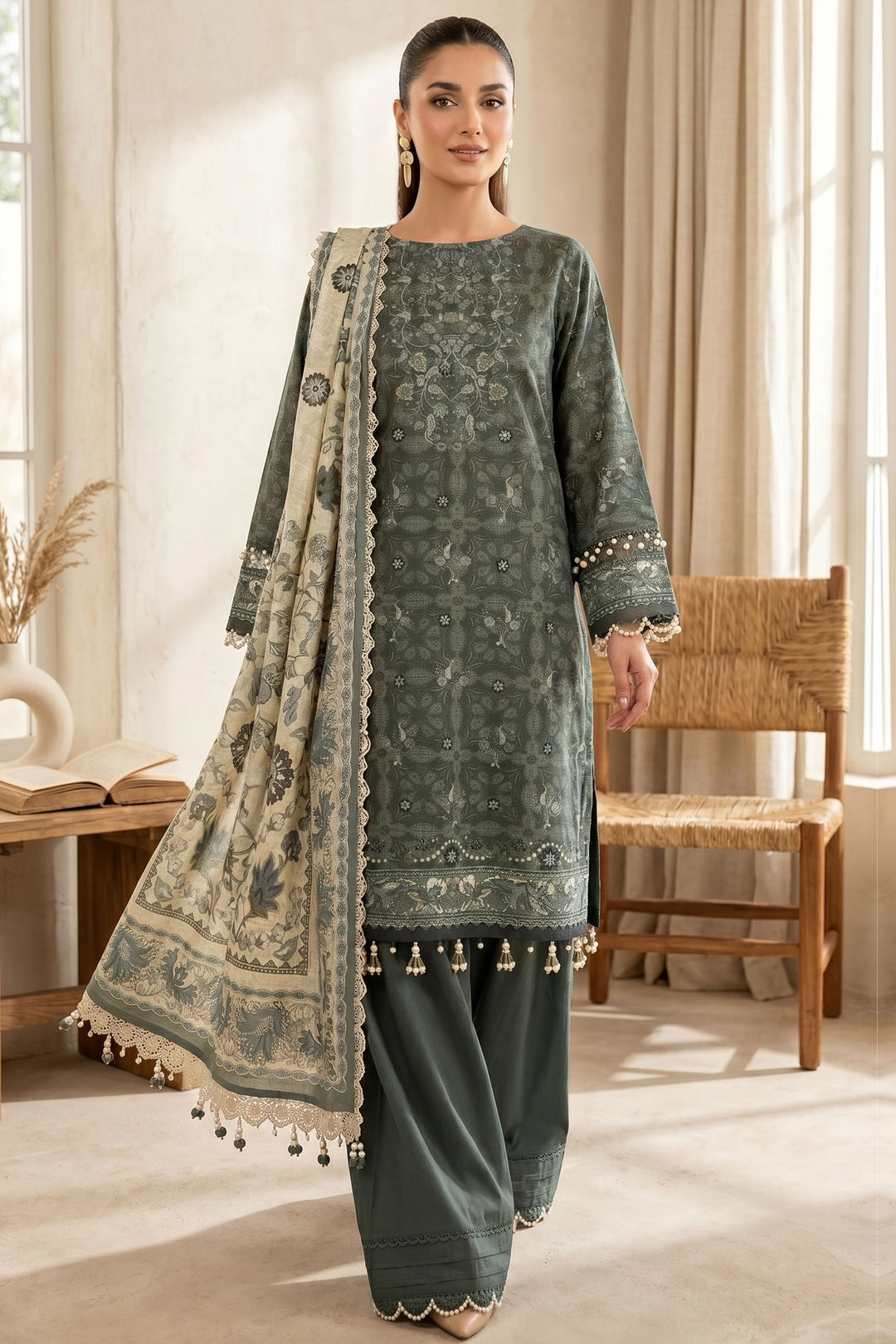 Charcoal 3 Piece Unstitched Premium Printed Lawn