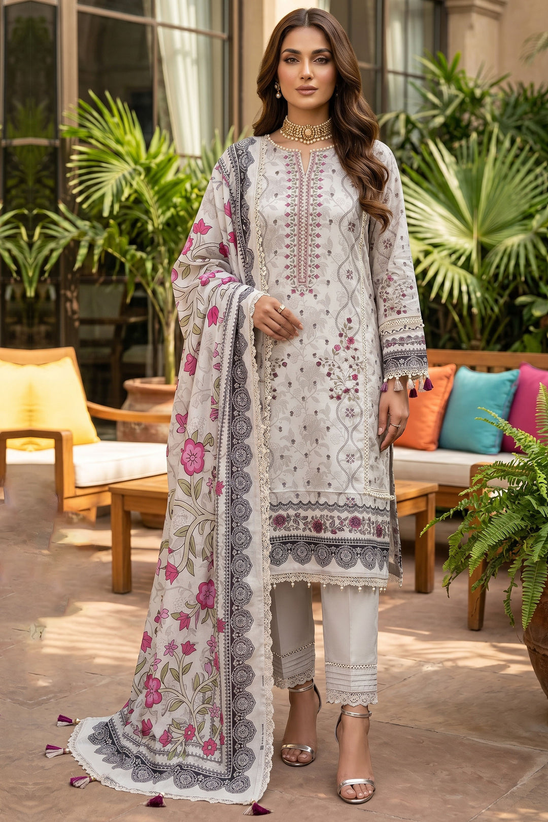 Light Gray 3 Piece Unstitched Premium Printed Lawn