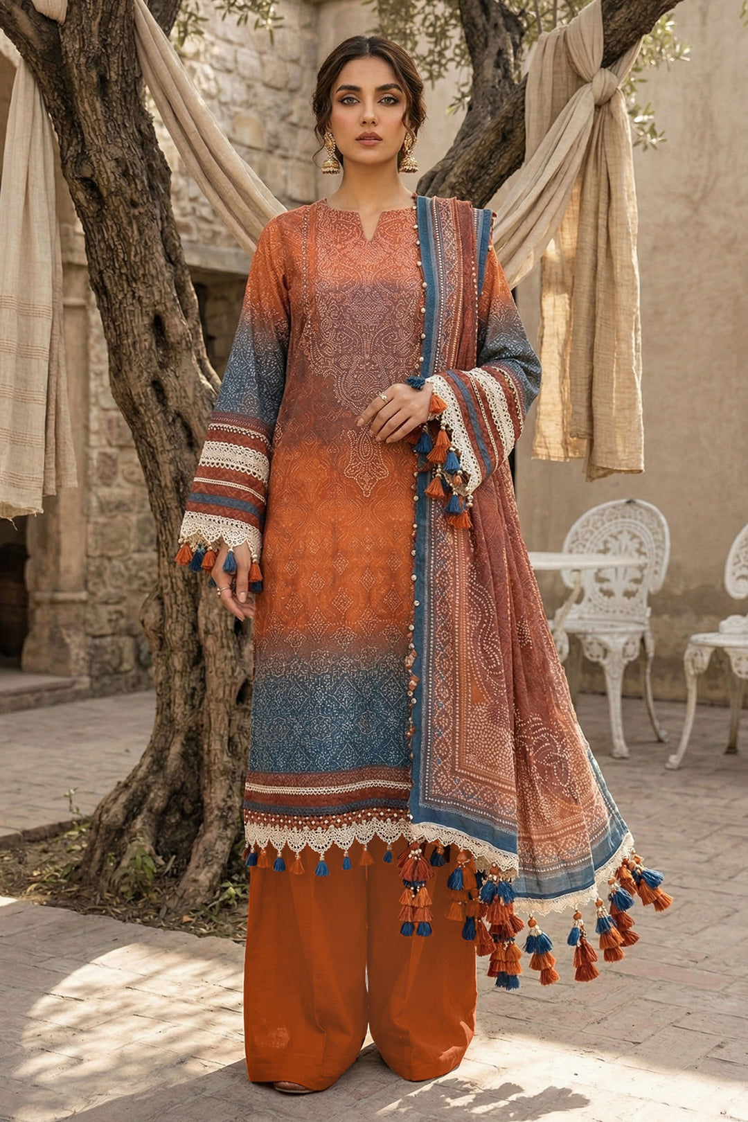 Orange 3 Piece Unstitched Premium Printed Lawn