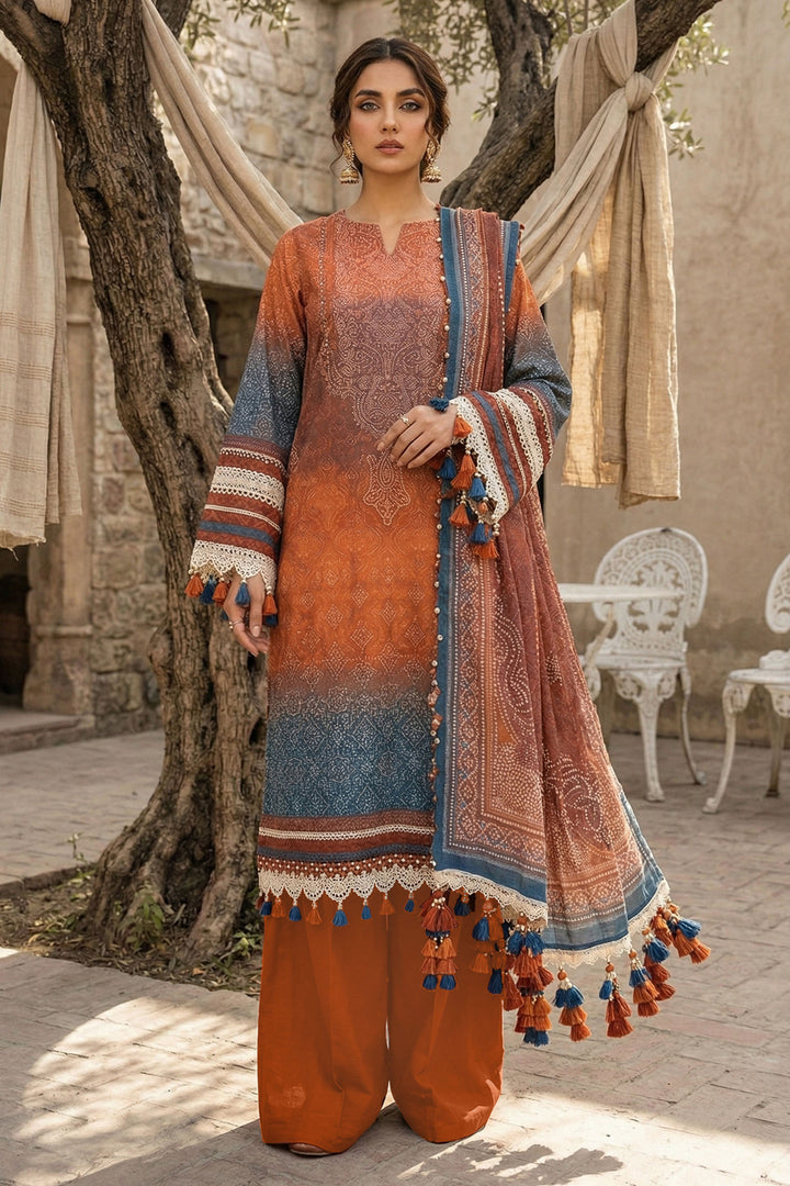 Orange 3 Piece Unstitched Premium Printed Lawn