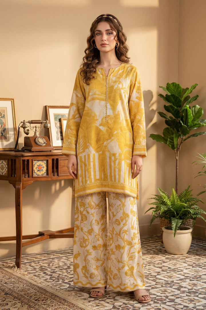 2 Piece Naples Yellow Unstitched Printed Cambric Co-Ord Set