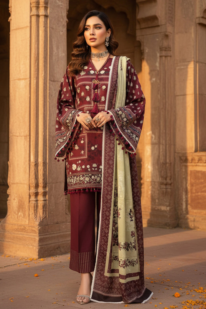 3 Piece Unstitched Maroon Premium Printed Lawn