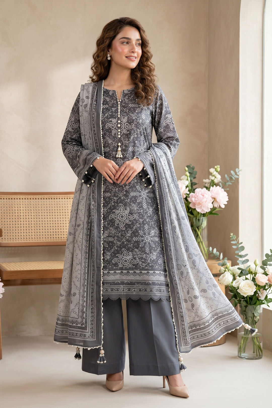 Graphite Gray 3 Piece Unstitched Premium Printed Lawn