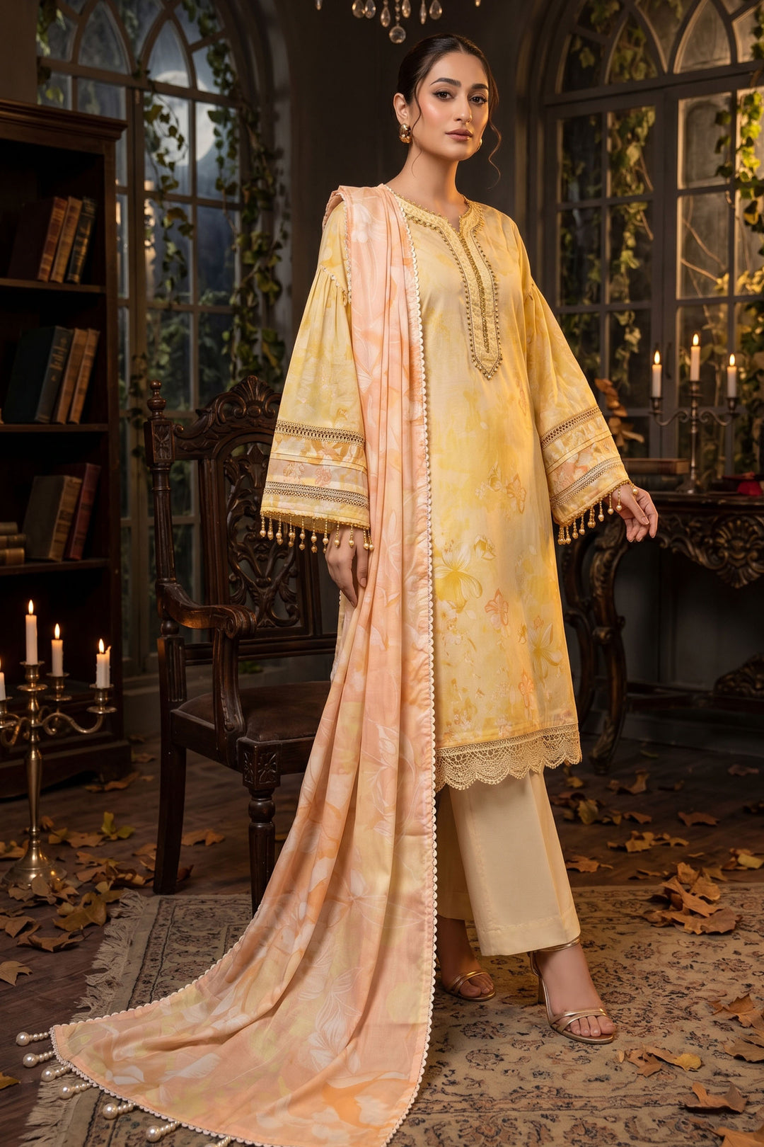 3 Piece Unstitched Light Yellow Premium Lawn