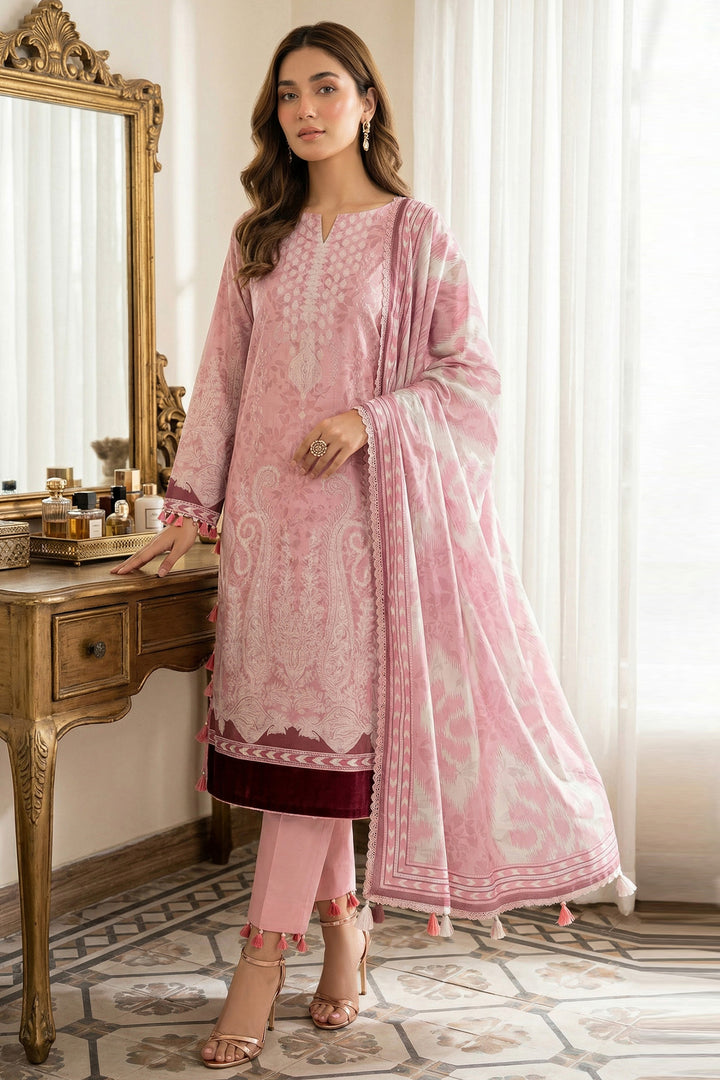 3 Piece Unstitched Baby Pink Premium Printed Lawn
