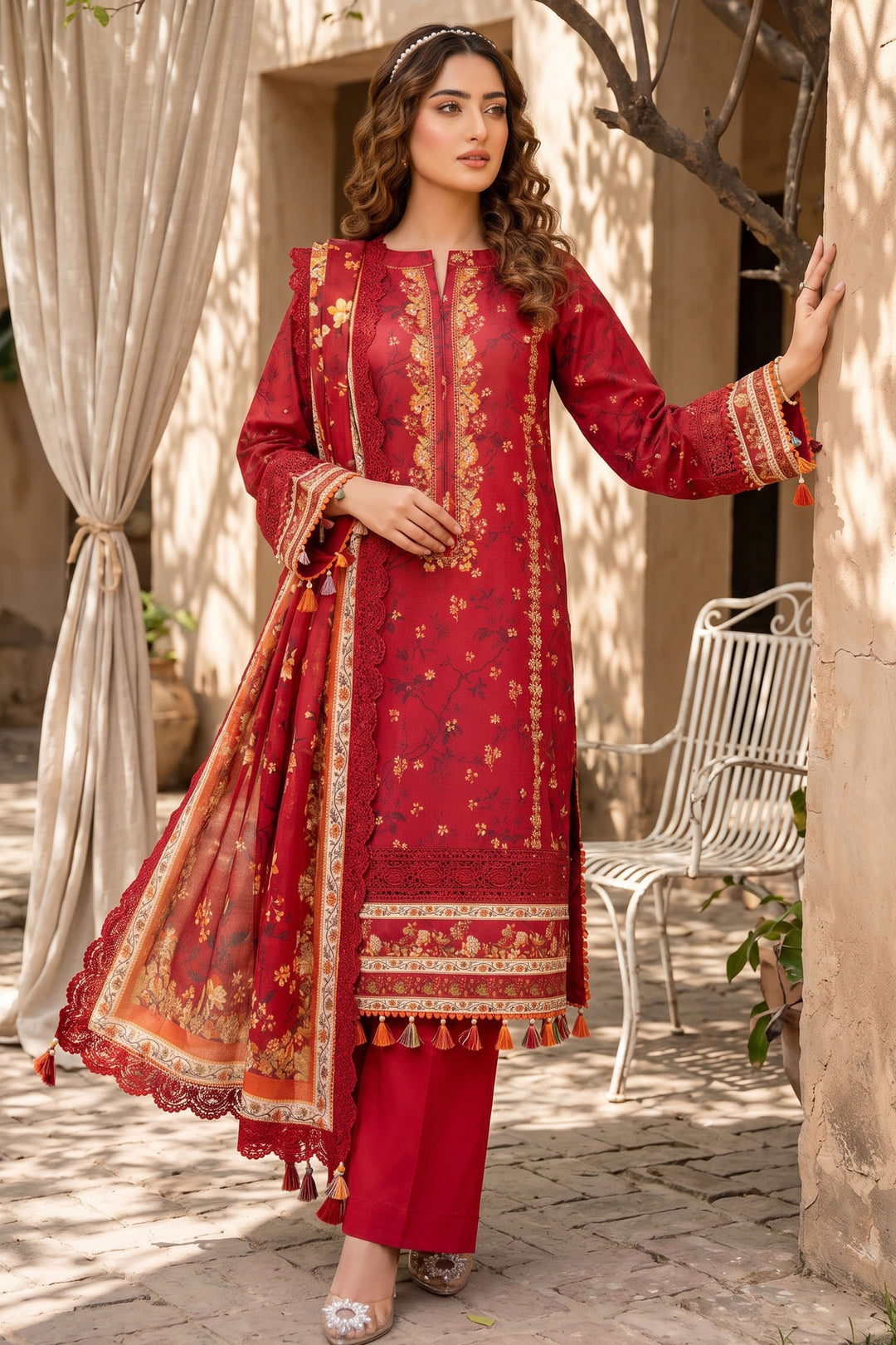 3 Piece Unstitched Red Premium Lawn