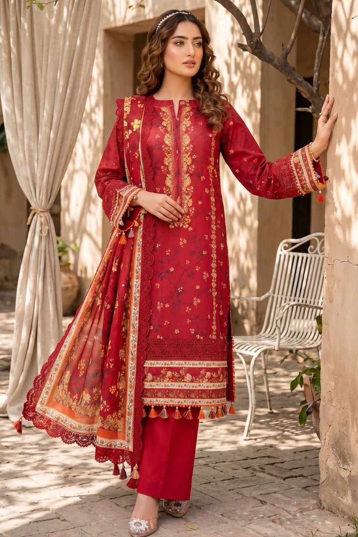 3 Piece Unstitched Red Premium Lawn