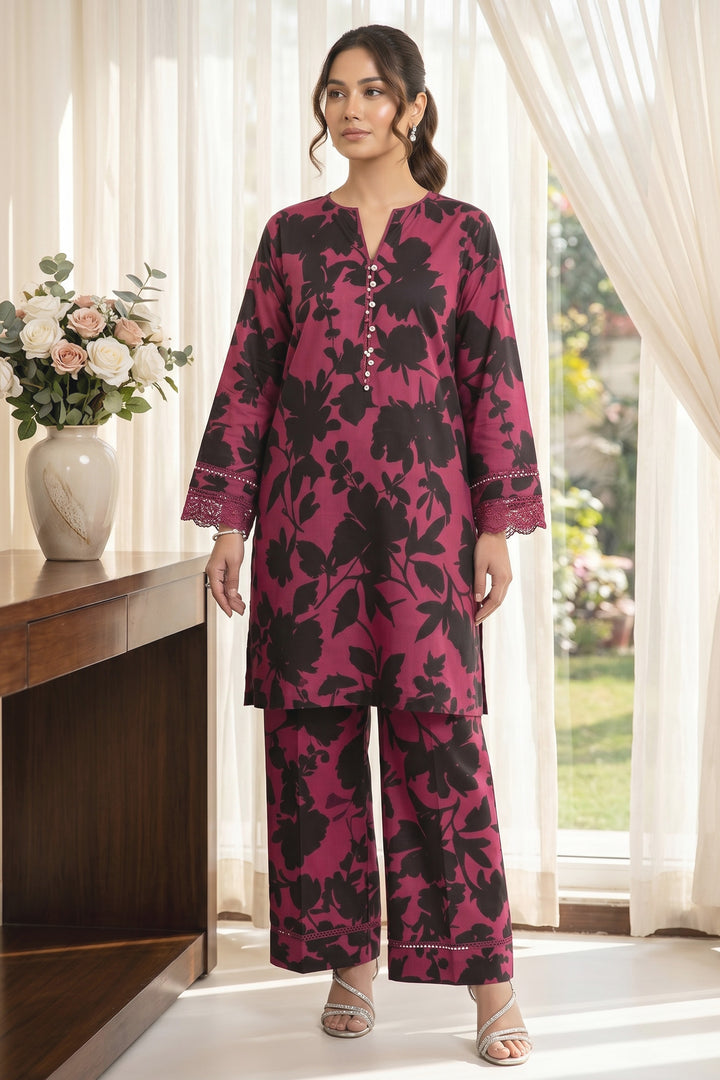 2 Piece  Shocking Pink Unstitched Printed Cambric Co-Ord Set