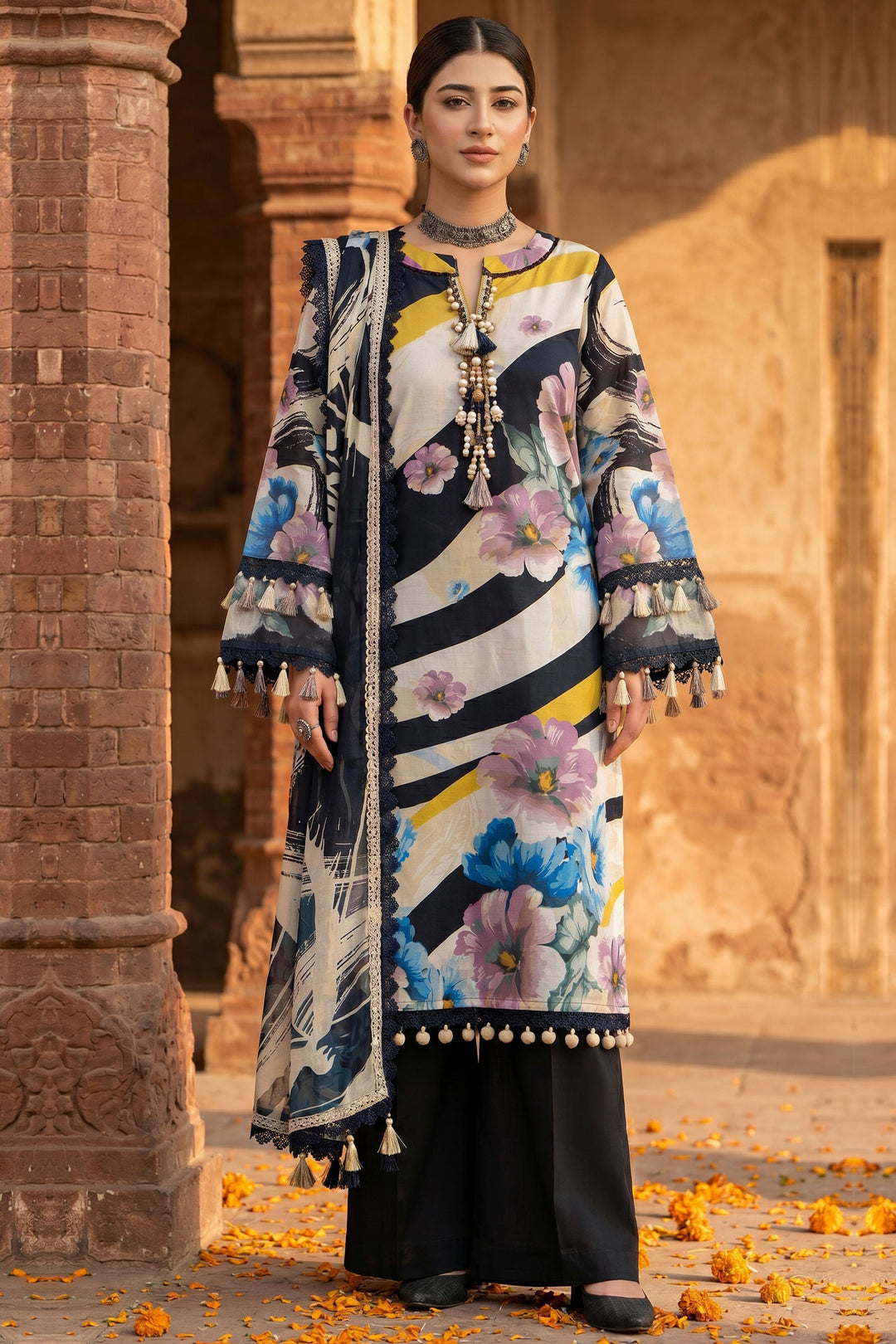 3 Piece Unstitched Black Premium Lawn