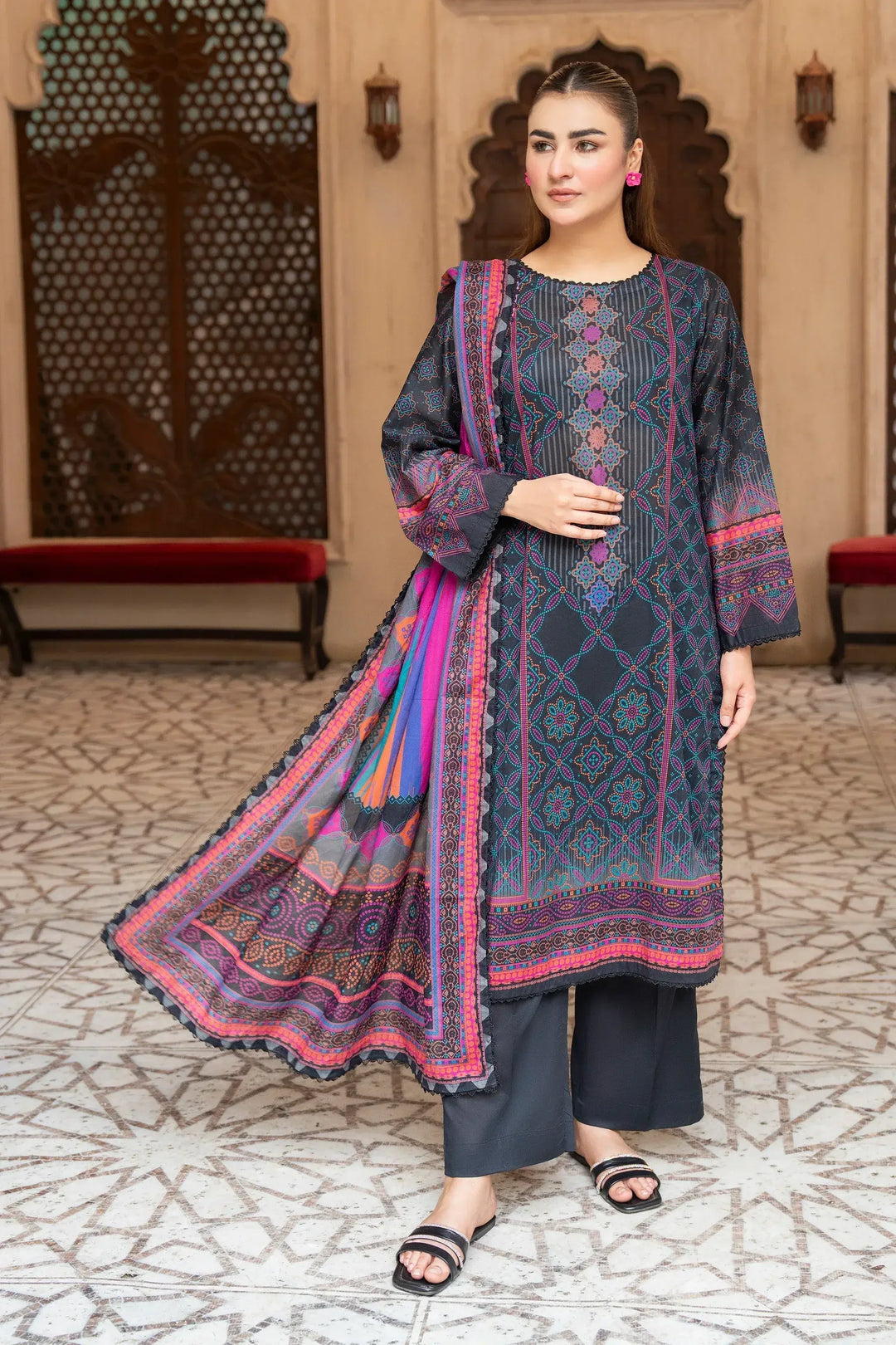 Unstitched 3 Piece Premium Printed Lawn Suit - Black