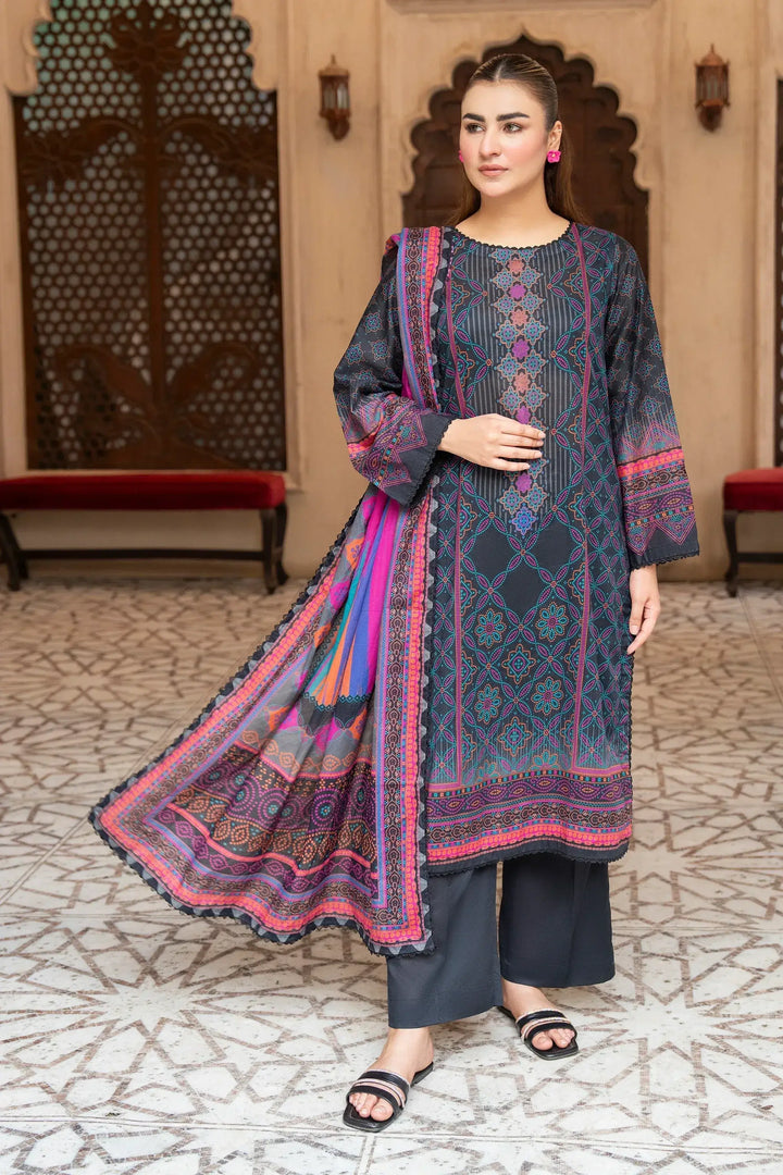 Unstitched 3 Piece Premium Printed Lawn Suit - Black