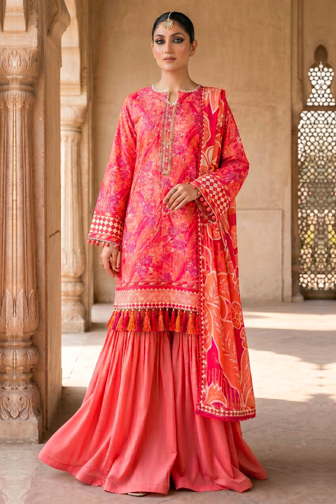 3 Piece Unstitched Orange Premium Lawn