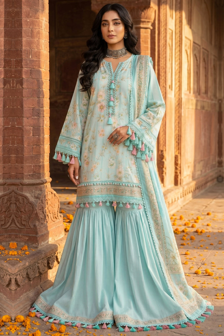 3 Piece Unstitched Aqua Blue Premium Lawn