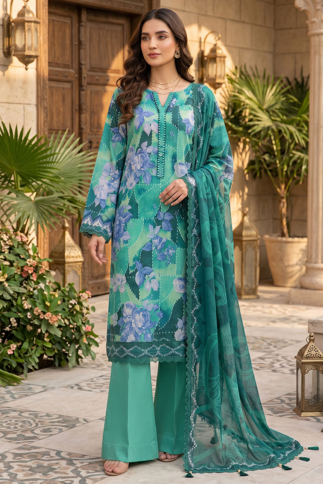 3 Piece Unstitched Dark Cyan Premium Lawn