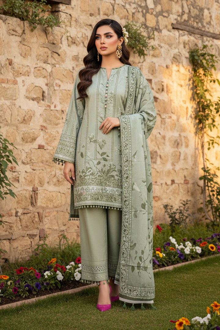 3 Piece Unstitched Ash Gray Premium Printed Lawn
