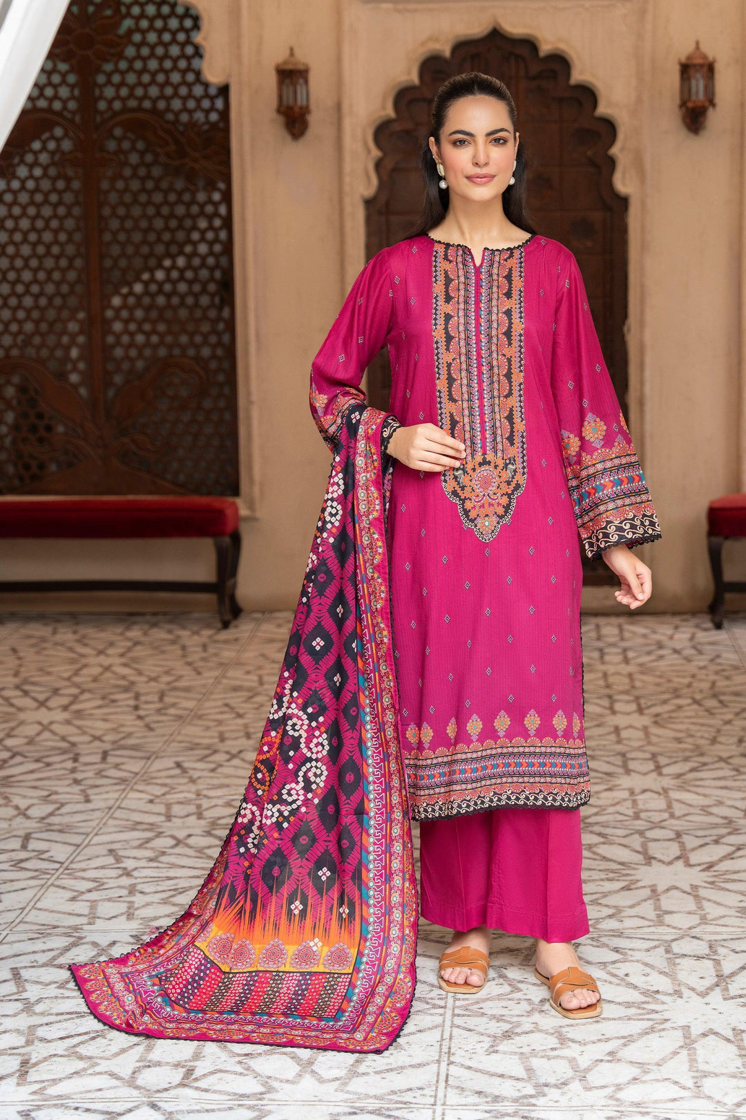3 Piece Unstitched Dark Pink Premium Printed Lawn - Jacquard Clothing