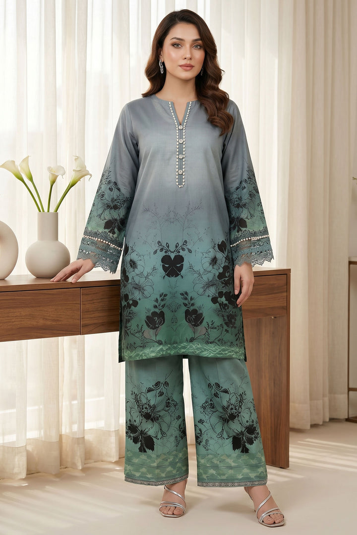 2 Piece Blue Grey Unstitched Printed Cambric Co-Ord Set