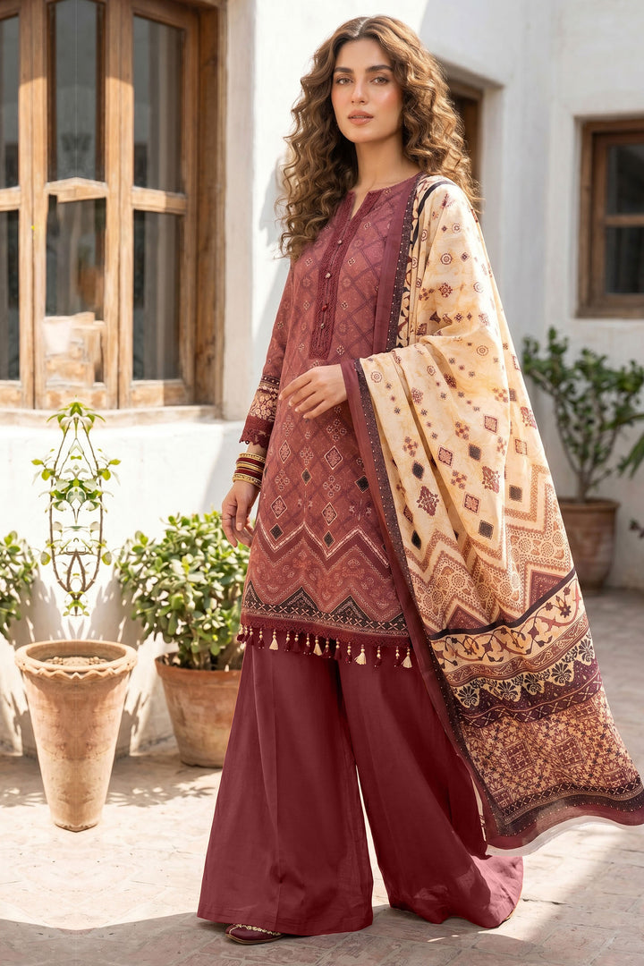 Red Wine 3 Piece Unstitched Premium Printed Lawn Suit