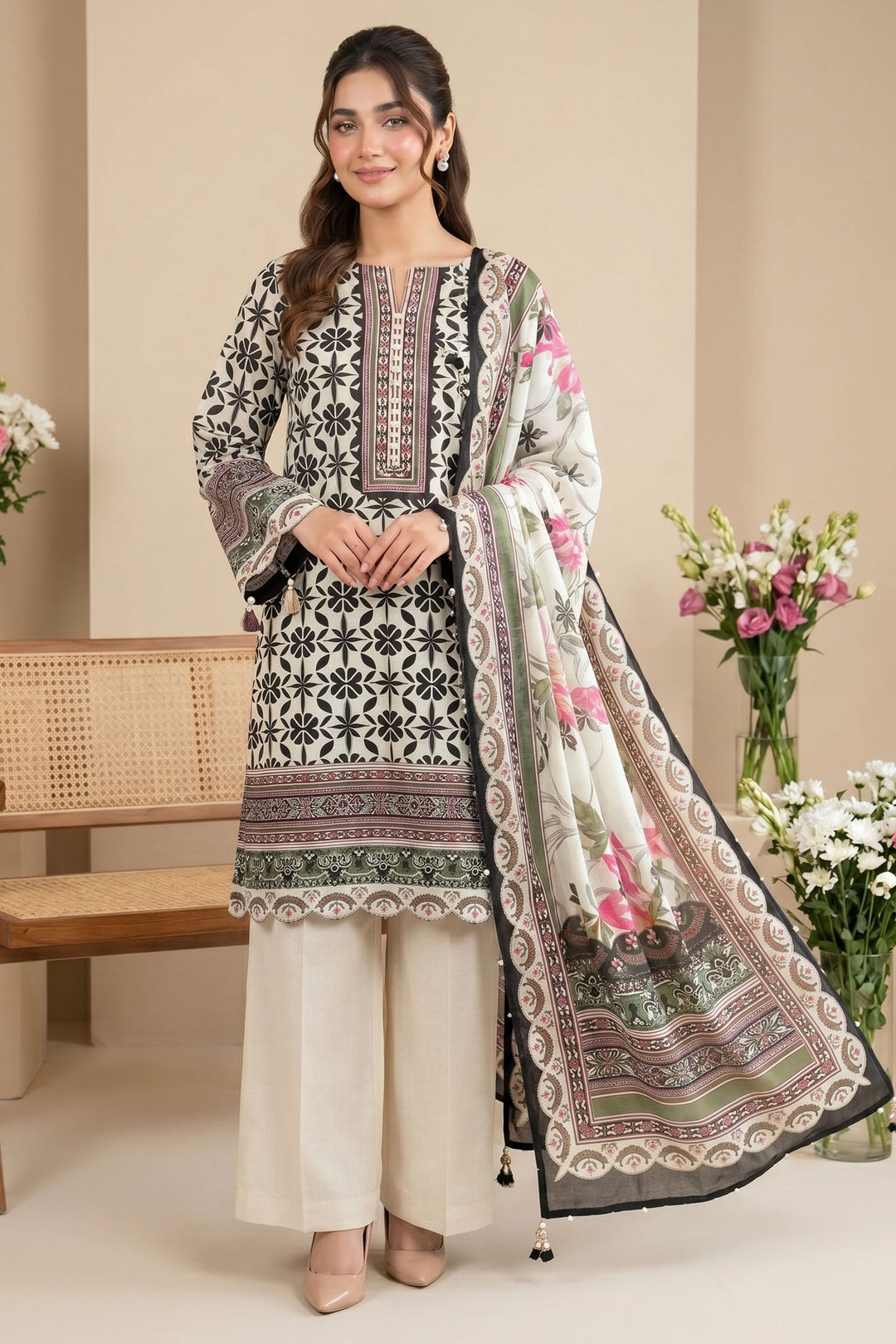 Antique White 3 Piece Unstitched Premium Printed Lawn