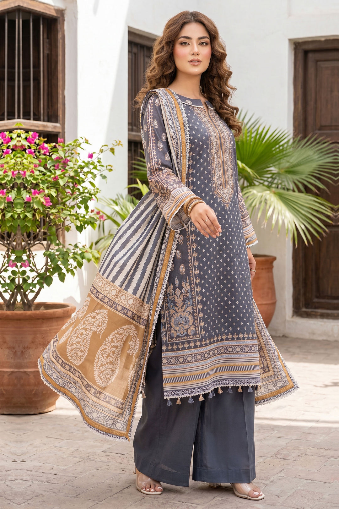3 Piece Unstitched Gray Premium Lawn