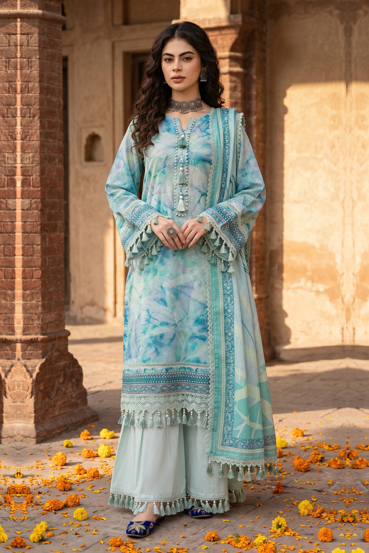 3 Piece Unstitched Aqua Blue Premium Lawn